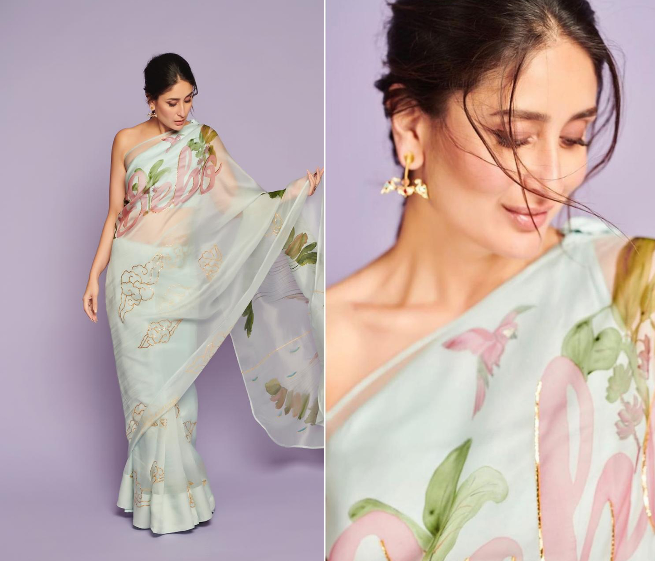 Hand Painted Pastel Mint Organza Bebo Name saree